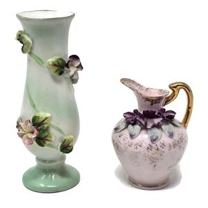 Vintage Ucagco Bisque Porcelain Bud Vase And Lefton Mini Pitcher Purple Set